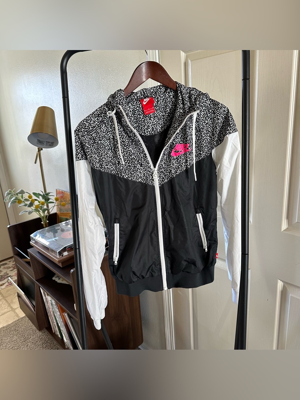Nike Black White Windbreaker Bomber Jacket with Pink Swoosh